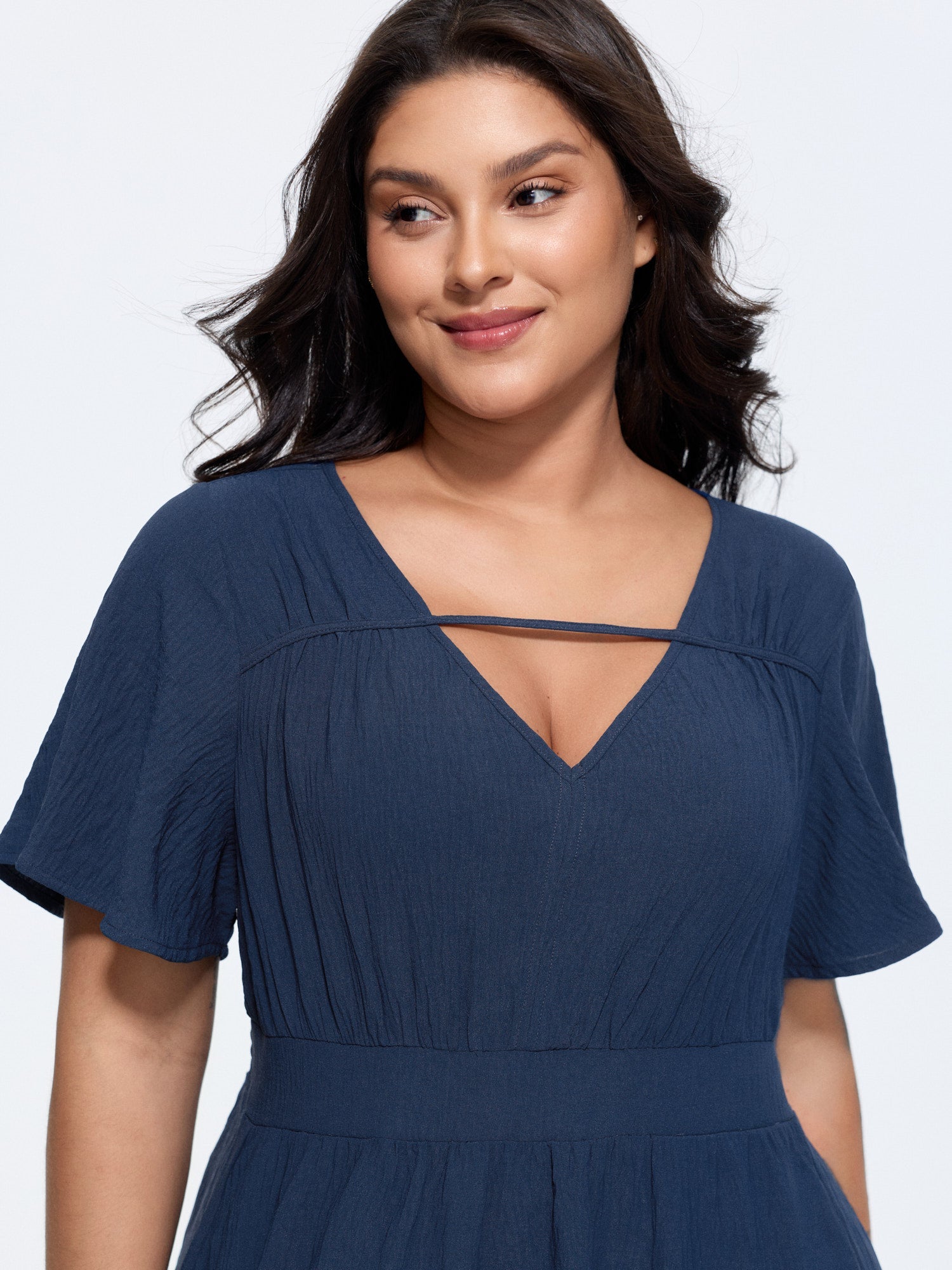 Shirred Waist V-Neck Plain Maxi Dress