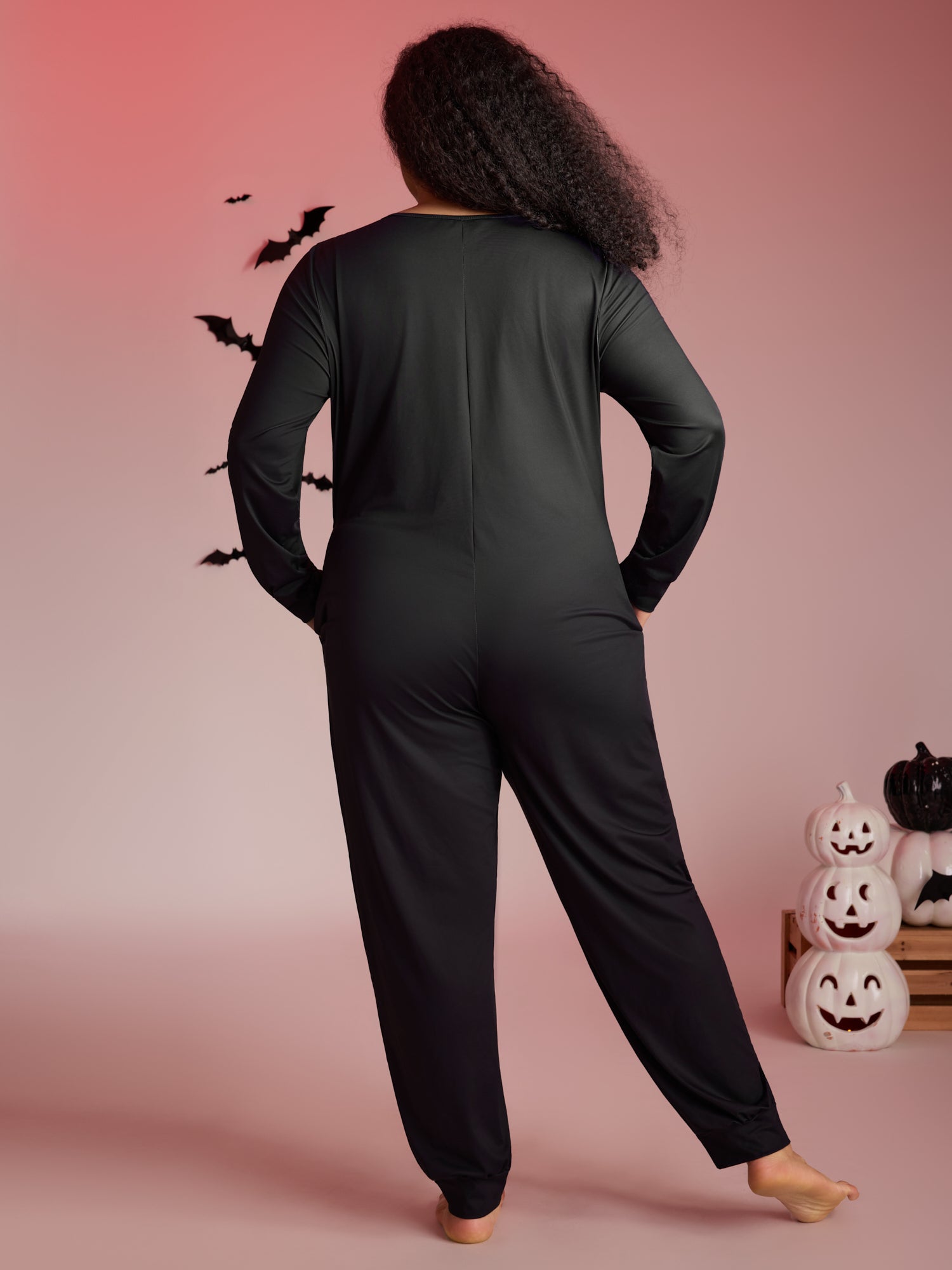 Skeletal Rib Print Hidden Zipper Lounge Jumpsuit