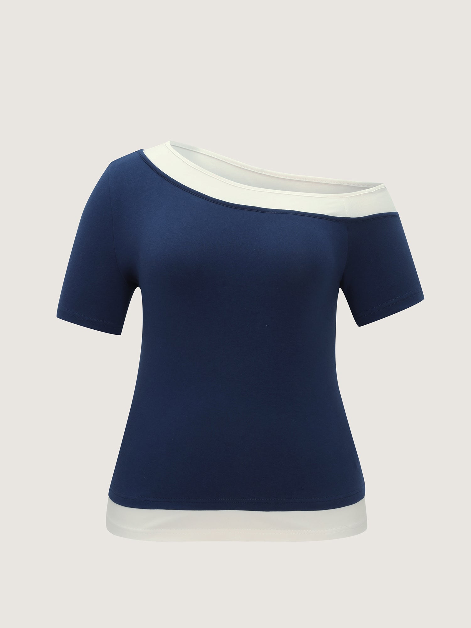 Cotton Stretchy Color Contrast One-Shoulder T-Shirt