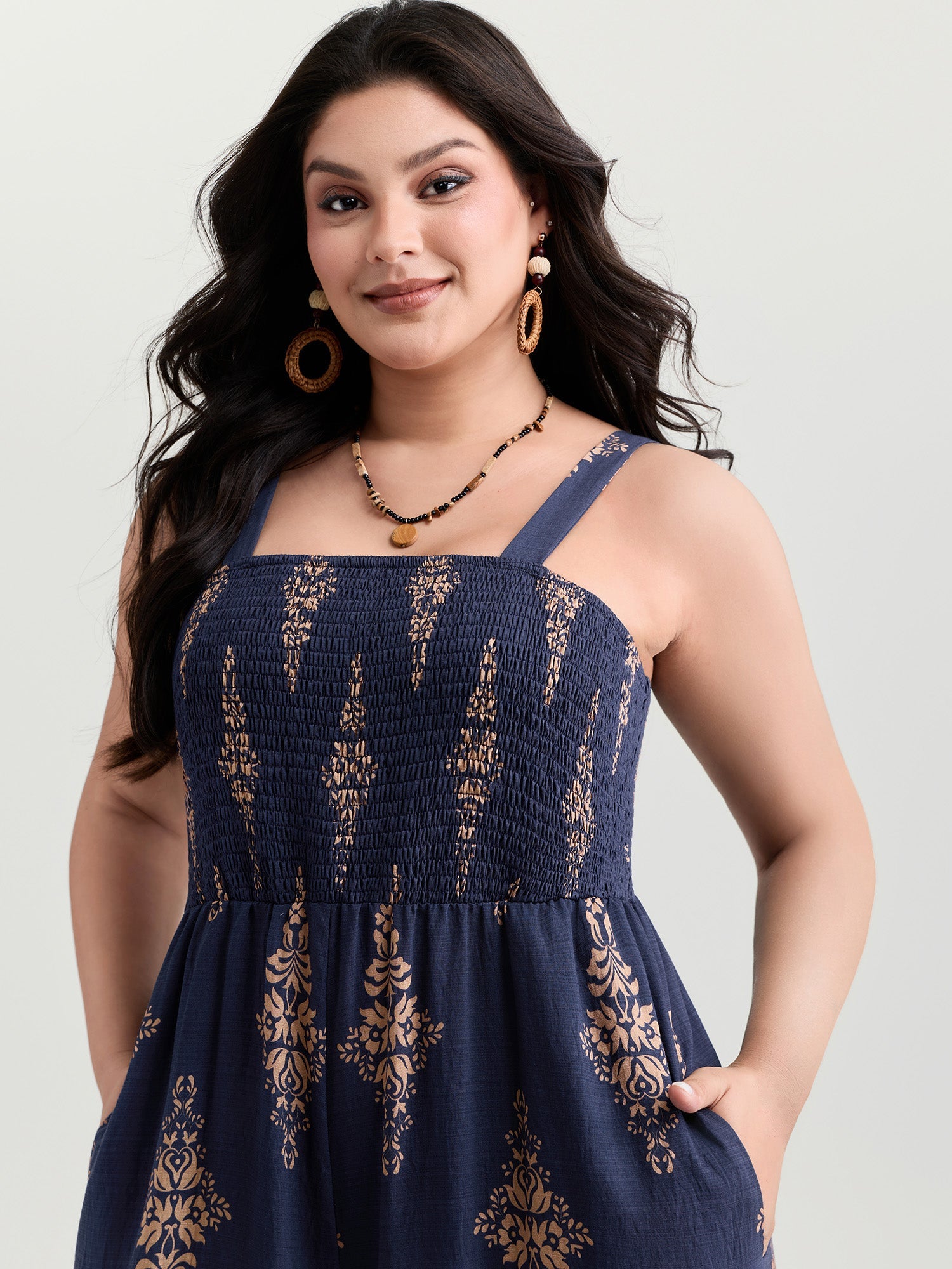 Geometric Print Waist-Defining Shirred Jumpsuit