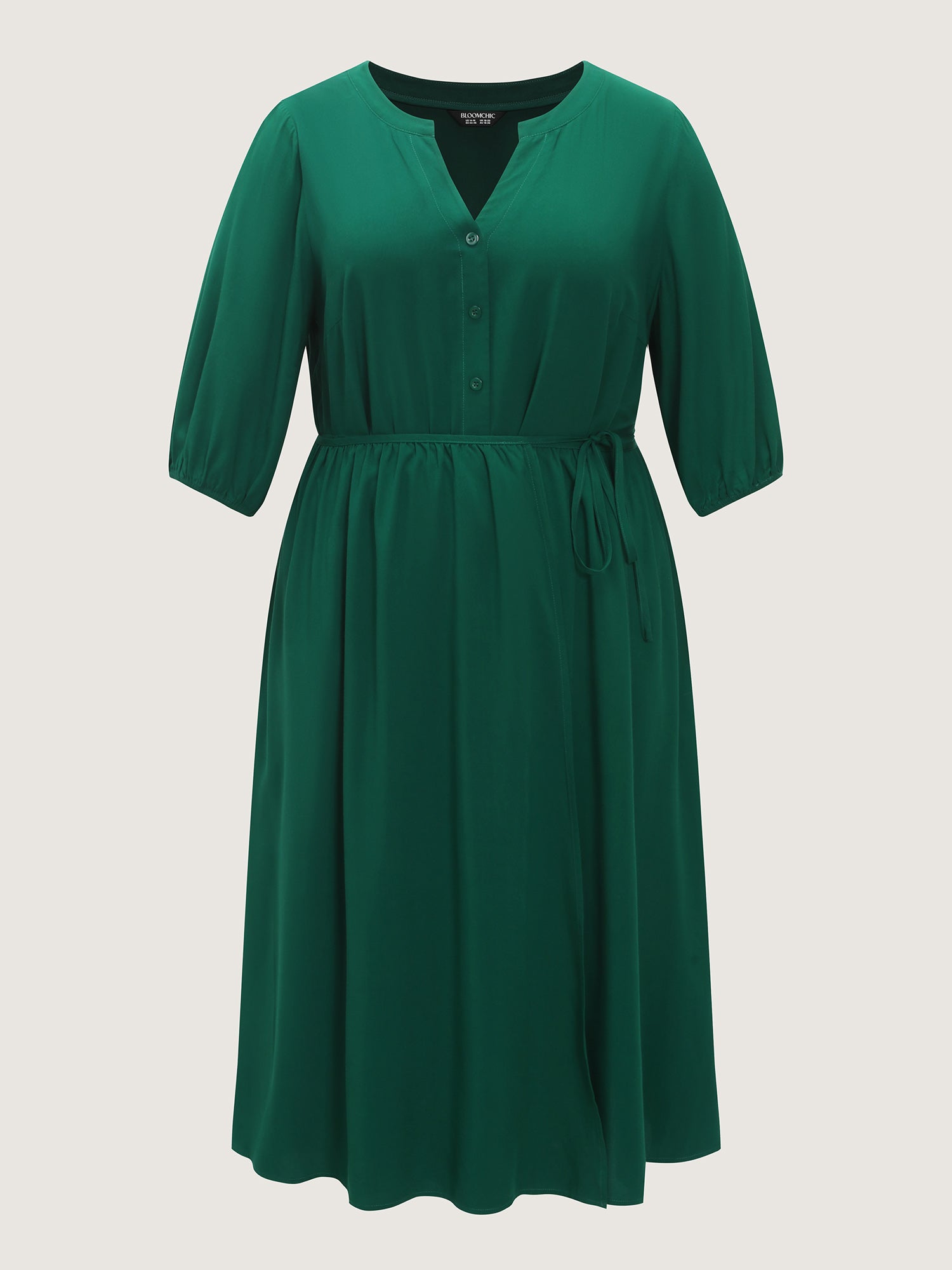 Solid Notch V Neck Drawstring Waist Midi Dress