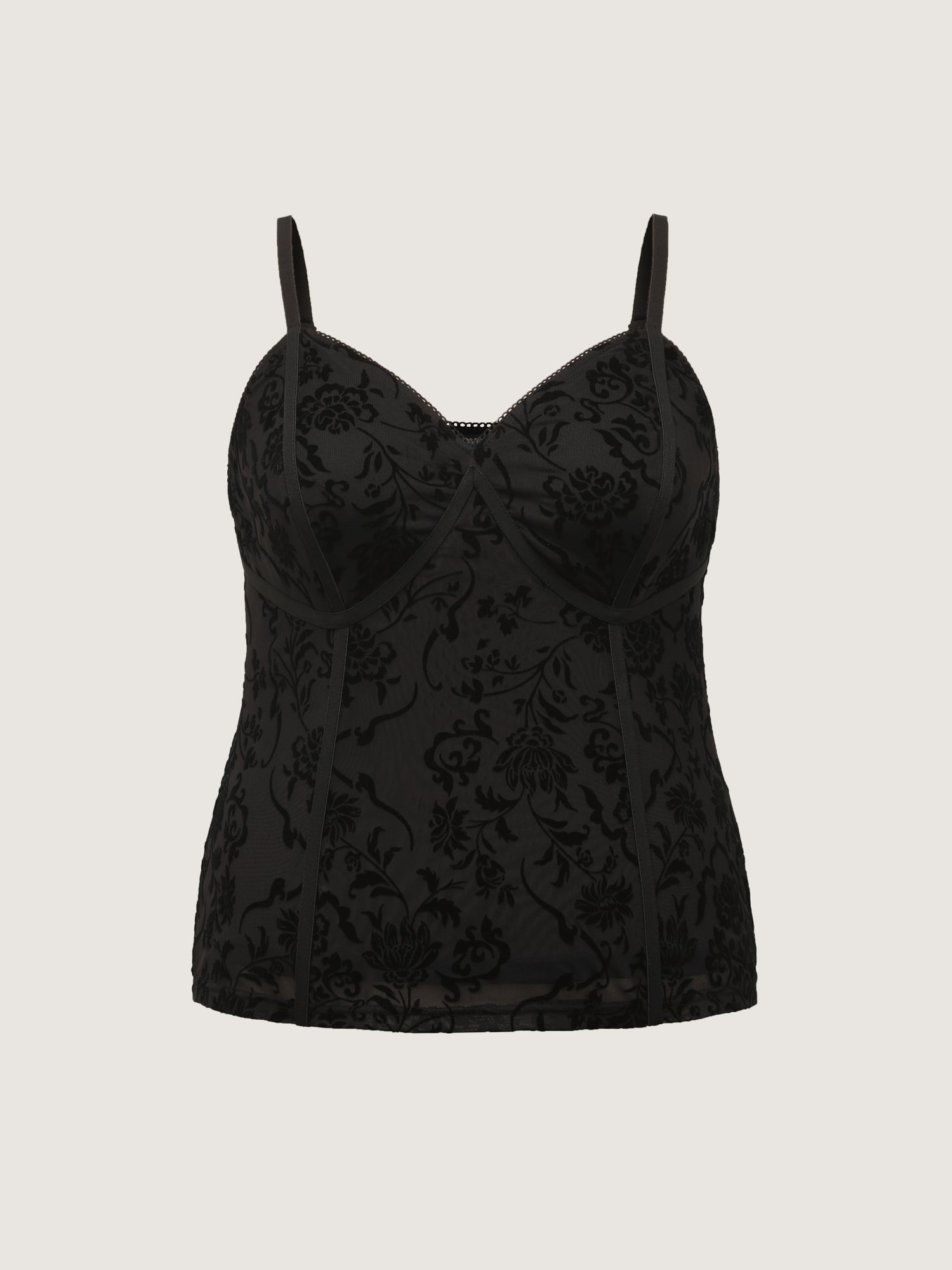 Flocked Floral Stretchy Mesh Lace Tank Top