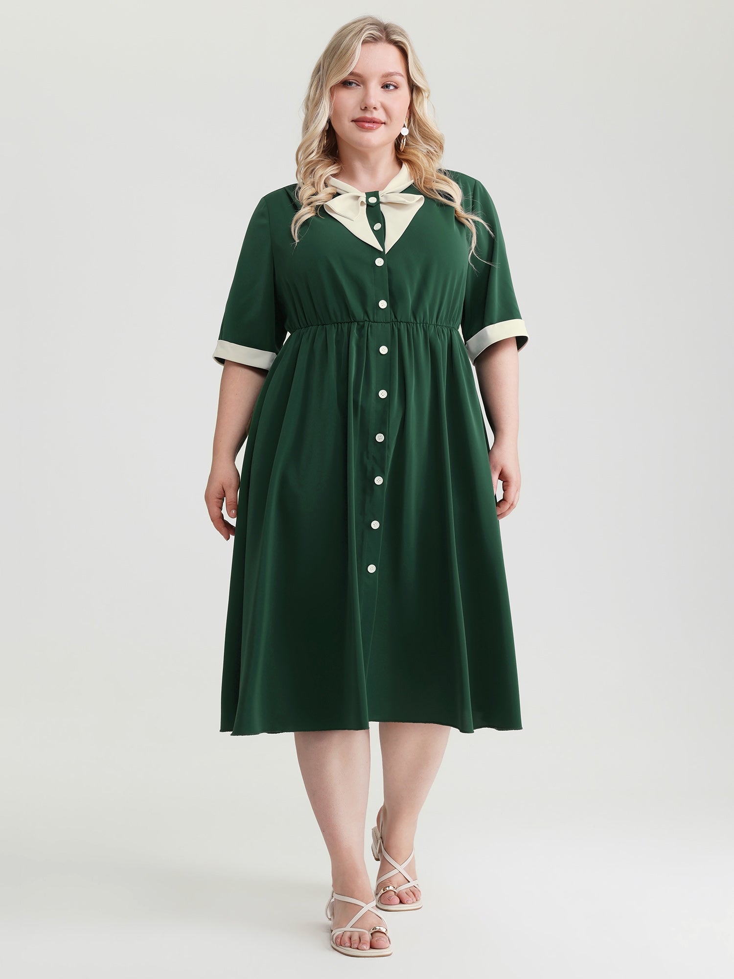 Retro Color Contrast Floating Collar Midi Dress