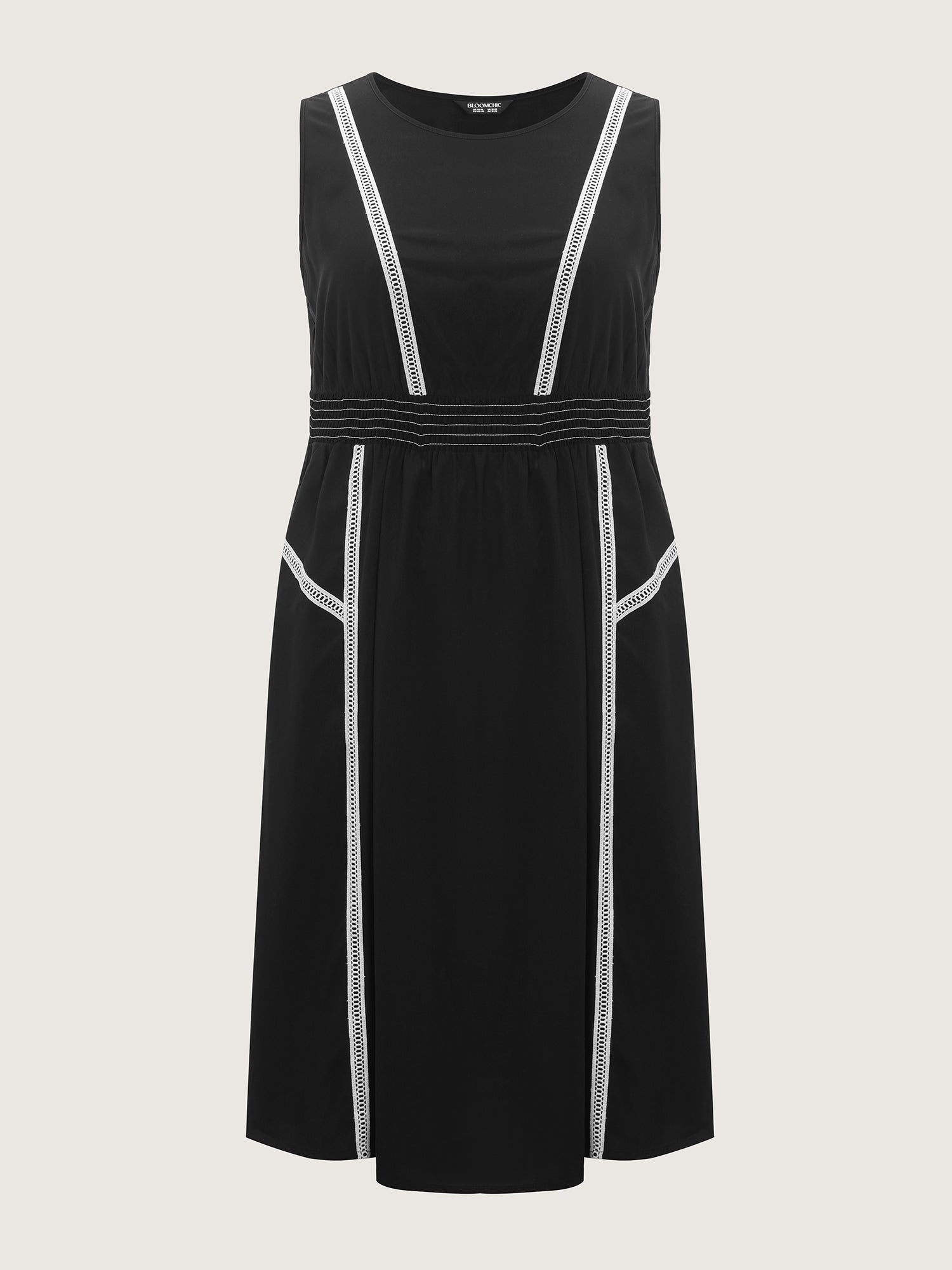 Lace Trim Shirred Waist Round Neck Midi Dress