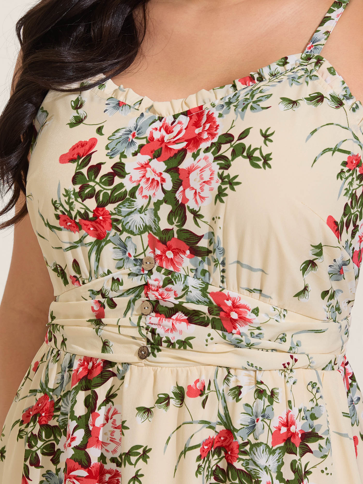 Floral Pleated Waist Pockets Midi Dress