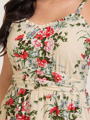 Floral Pleated Waist Pockets Midi Dress