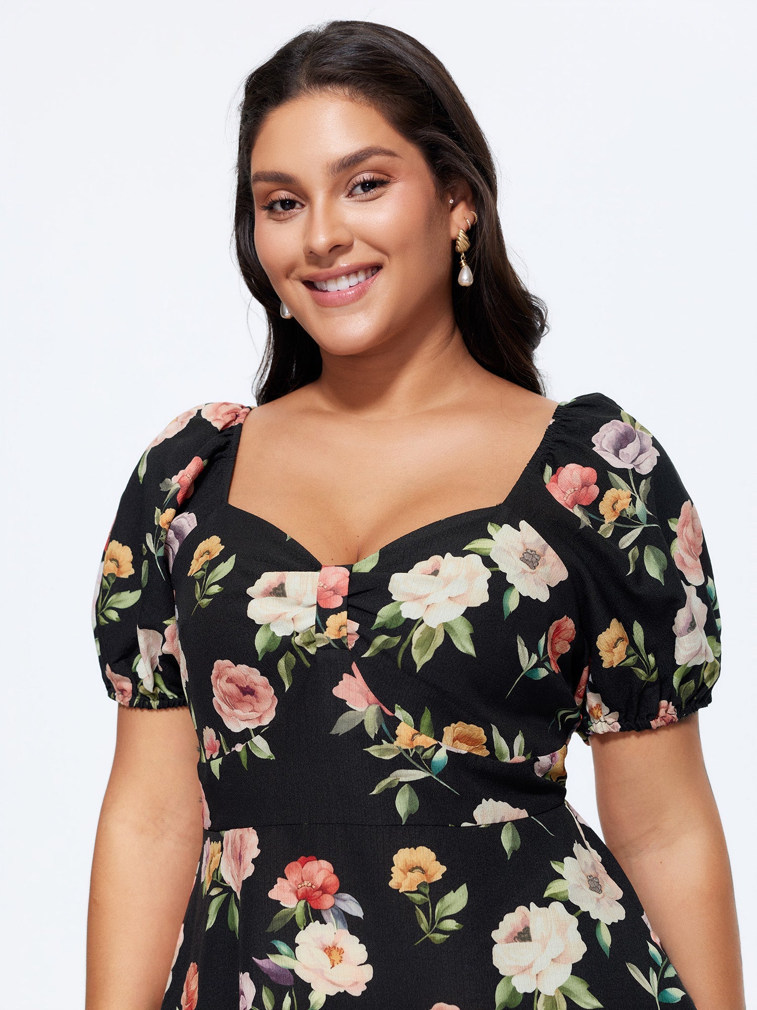 Floral Print Puffy Sleeve Shirred Midi Dress