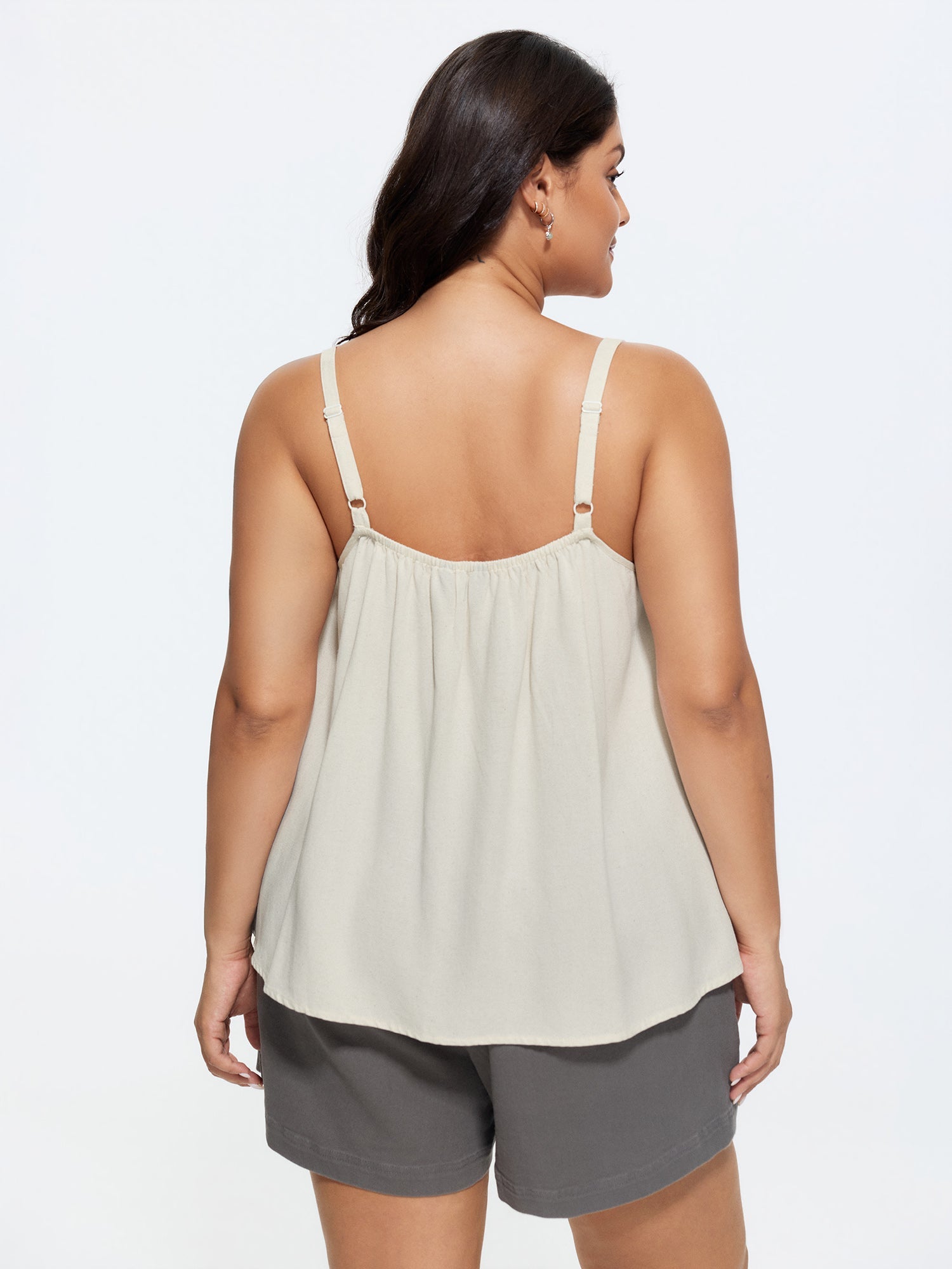 Linen Blend Beaded Pleated Flowy Plain Tank Top
