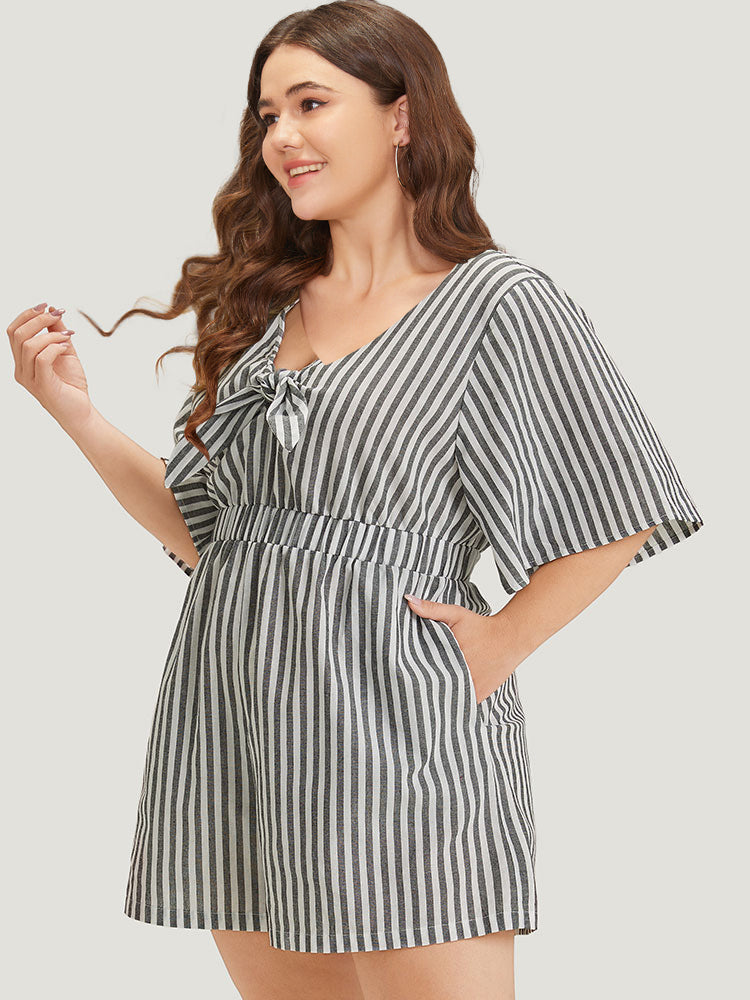 Striped Print Pocket Knot Flutter Sleeve Jumpsuit