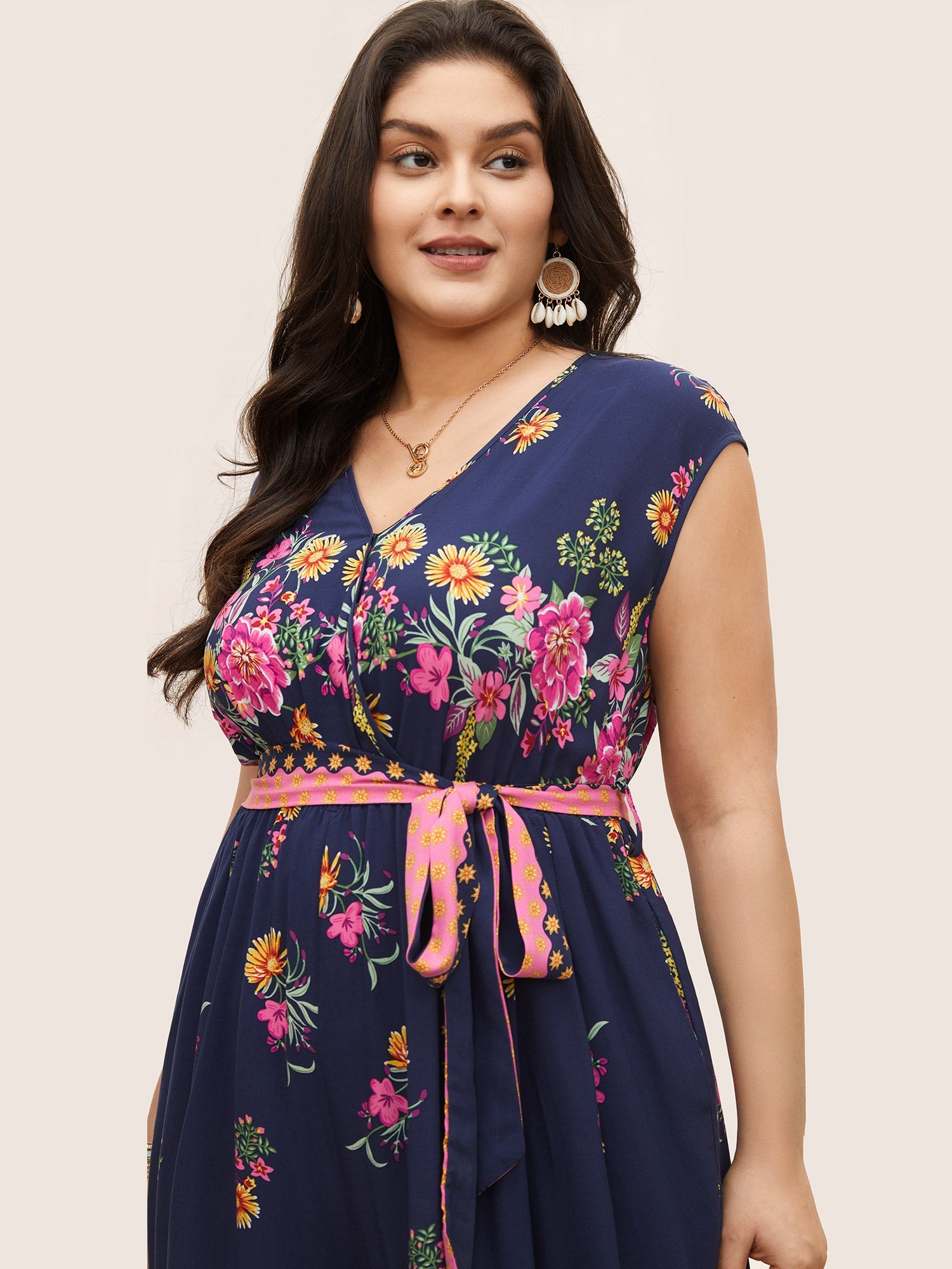 Boho Print Overlap Collar Belted Sleeveless Jumpsuit