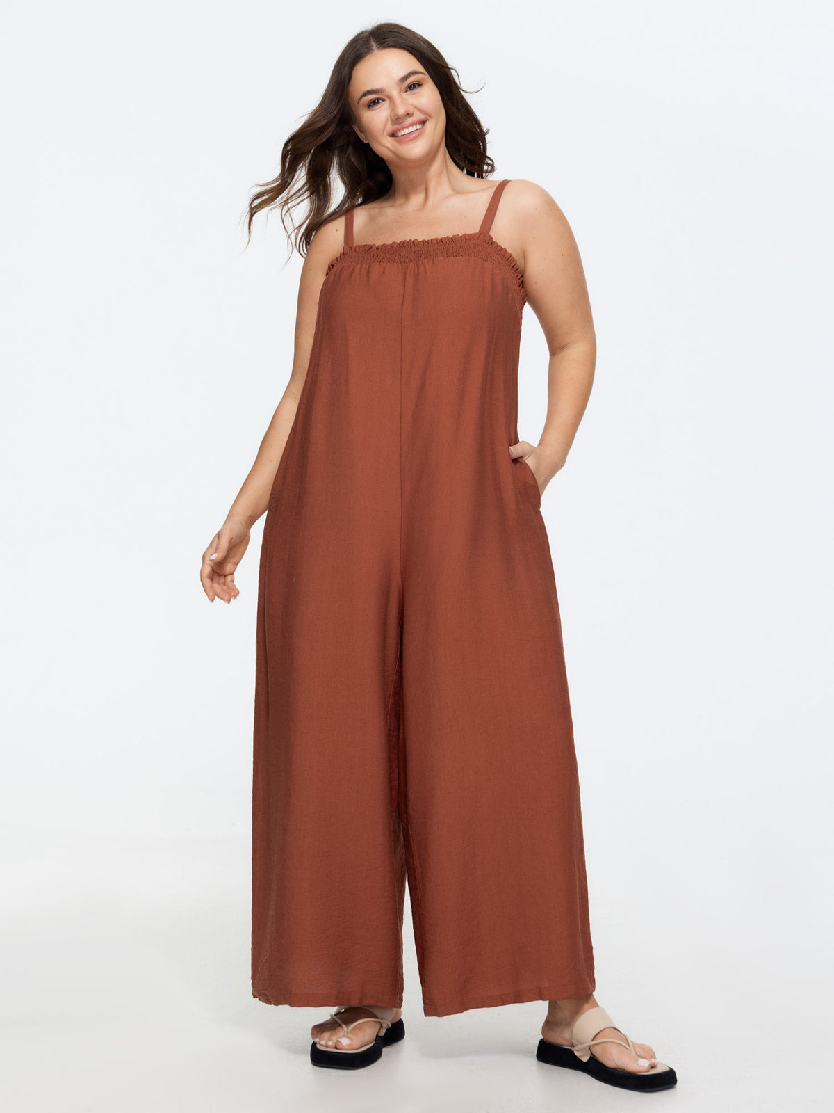 Supersoft Shirred Sleeveless Plain Wide-Leg Jumpsuit