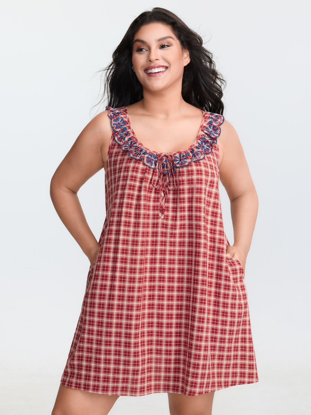 Gingham Print Embroidered Neckline Flowy Nightgown