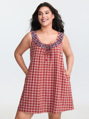 Gingham Print Embroidered Neckline Flowy Nightgown
