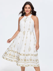 Geometric Embroidered Halter Neckline Midi Dress