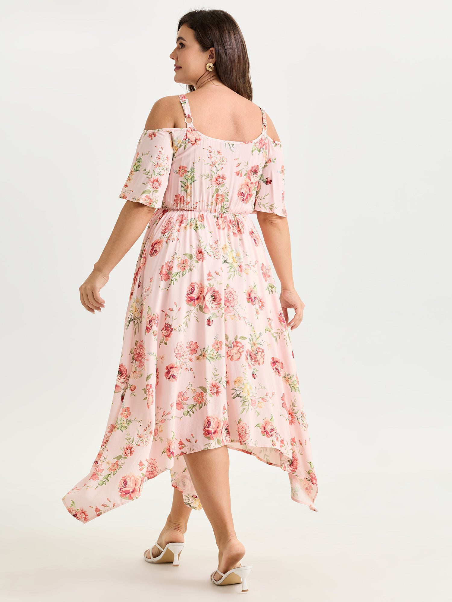 Floral Print Ruffled Cold-Shoulder Midi Dress