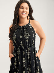 Boho Print Halter Neck Pockets Midi Dress