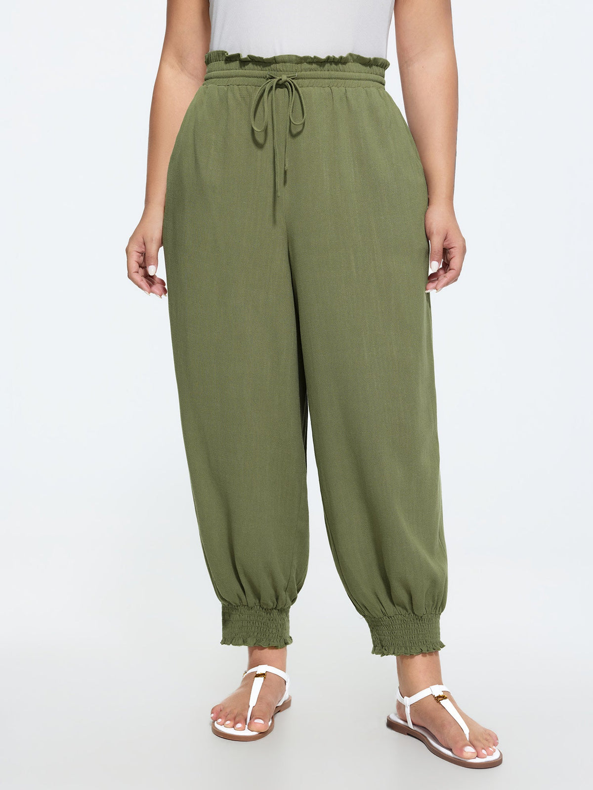Linen Blend Shirred Drawstring Waist Jogger Pants