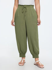 Linen Blend Shirred Drawstring Waist Jogger Pants