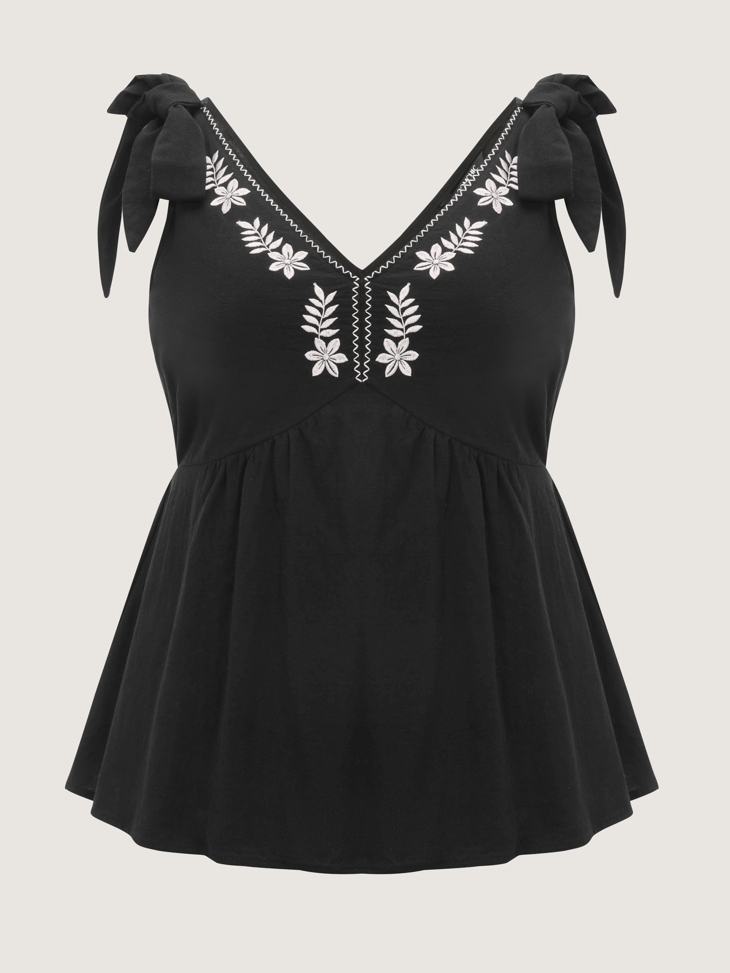 Cotton Floral Embroidered Neckline Shoulder-Tie Tank Top
