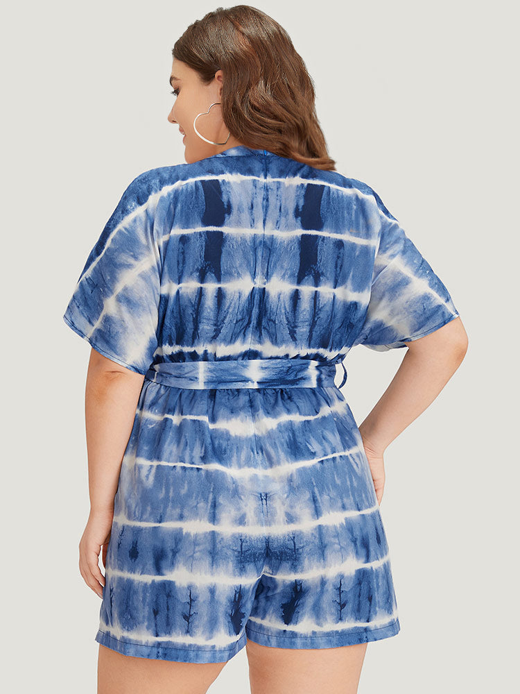 Tie Dye Keyhole Belted Batwing Sleeve Romper