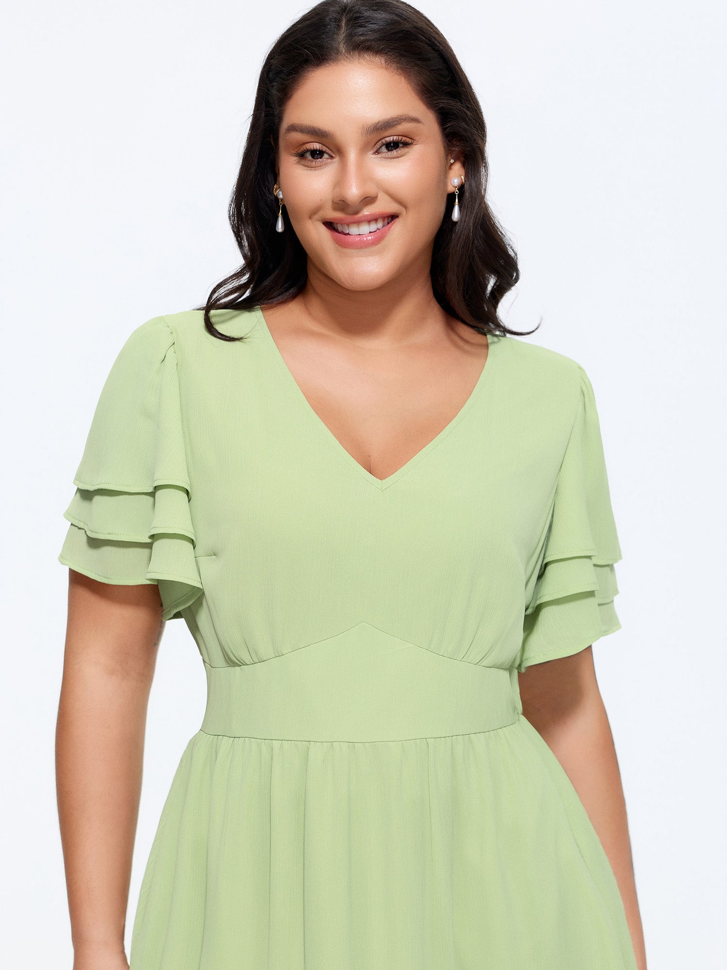 Plain Layered Sleeve Cinched-Waist Midi Dress