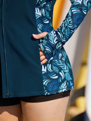 Tropical Print Hooded Pockets Swim Top