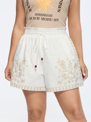 Cotton Floral Embroidered Pockets Wide-Leg Shorts