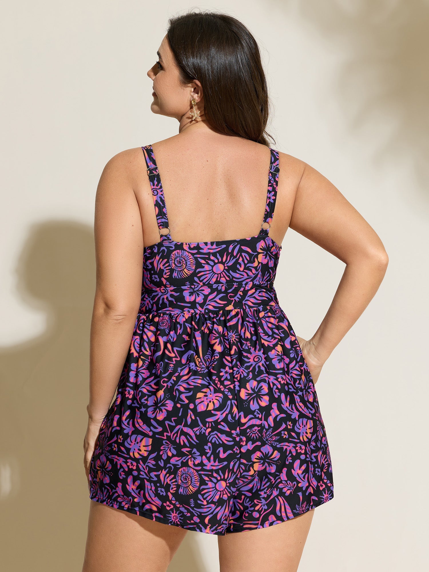 Tropical Floral Print Pockets Swim Romper