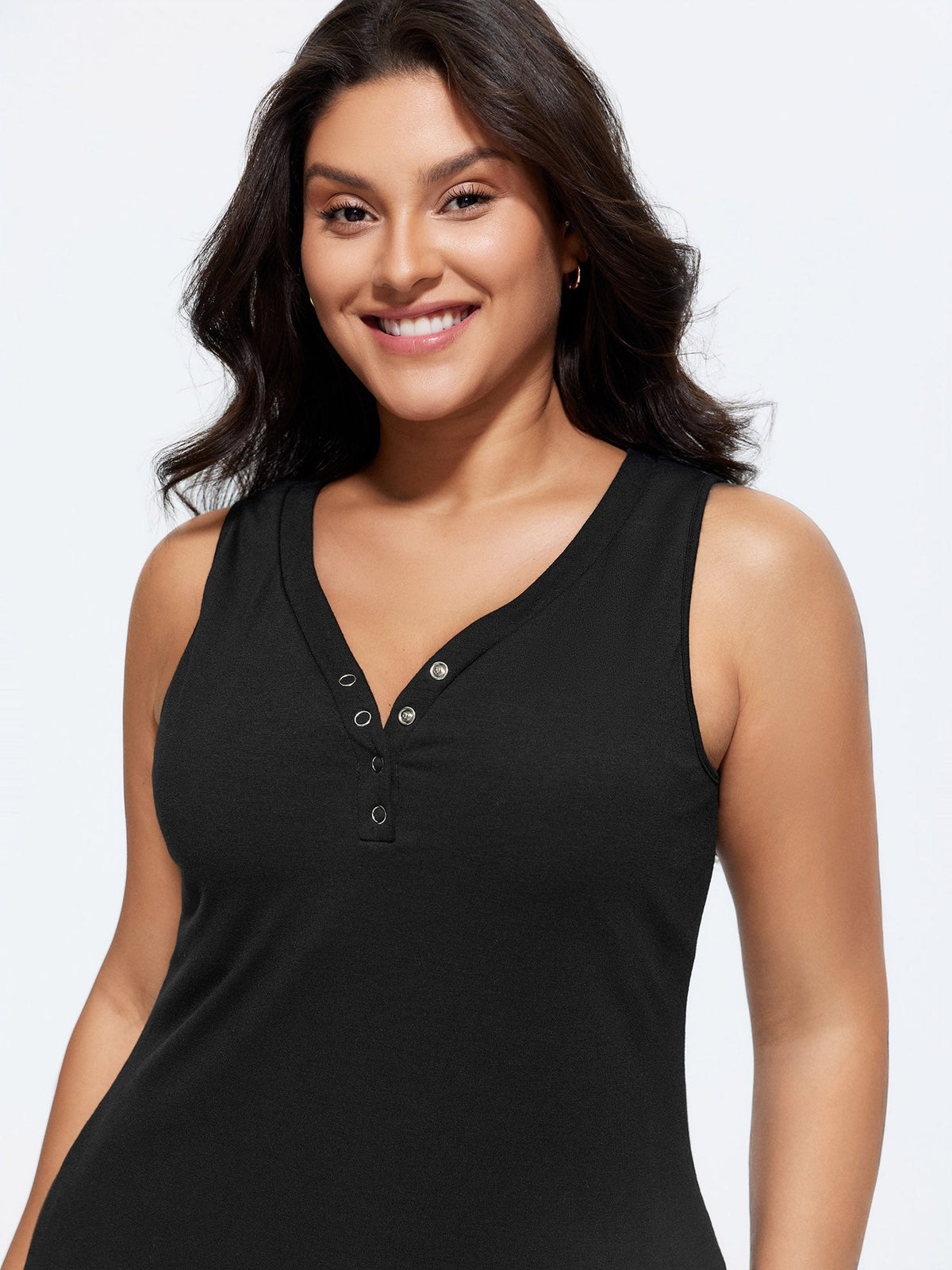 Supported Bra Button Detail Split Neckline Tank Top