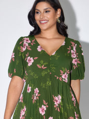 Floral Print Pleated V-Neck Mini Dress