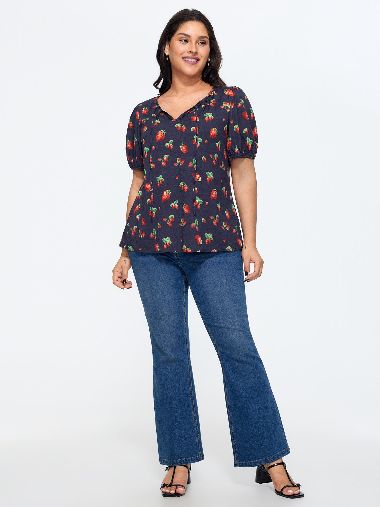 Strawberry Print V Neck Bubble Sleeve Blouse