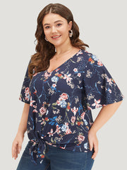 Floral Print V Neck Ruffle Sleeve Twist Hem Blouse