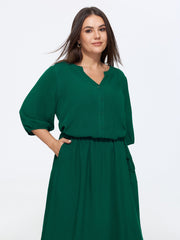 Solid Notch V Neck Drawstring Waist Midi Dress