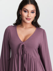 Stretchy Waistband Tie-Front Ruffled Knit Top