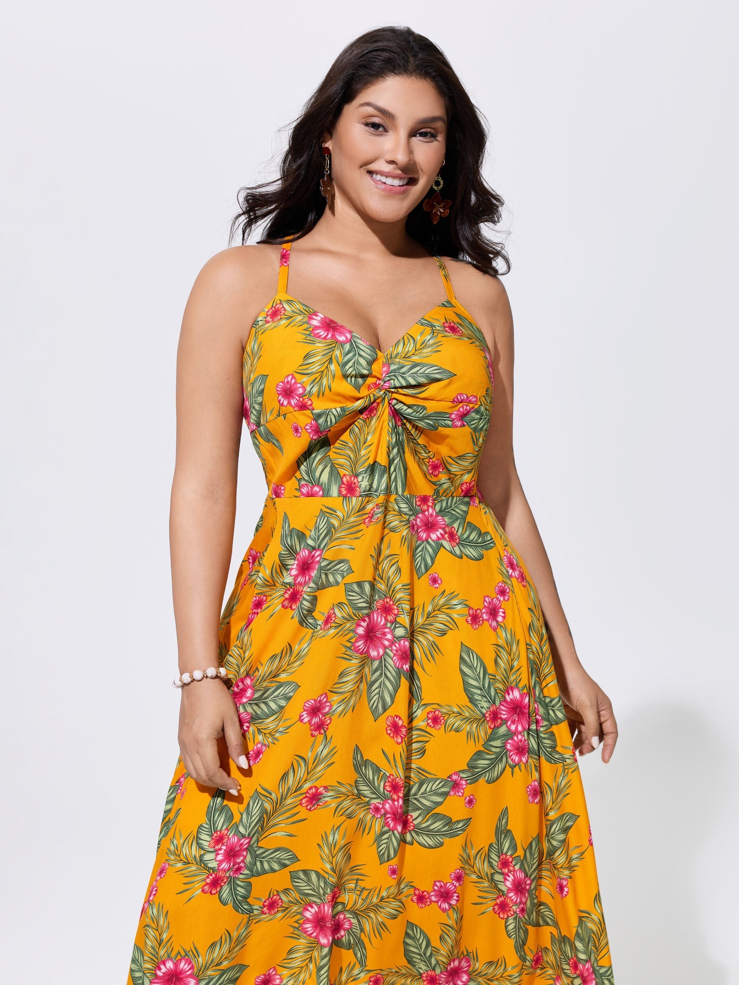Tropical Print Twist Front Flowy Midi Dress