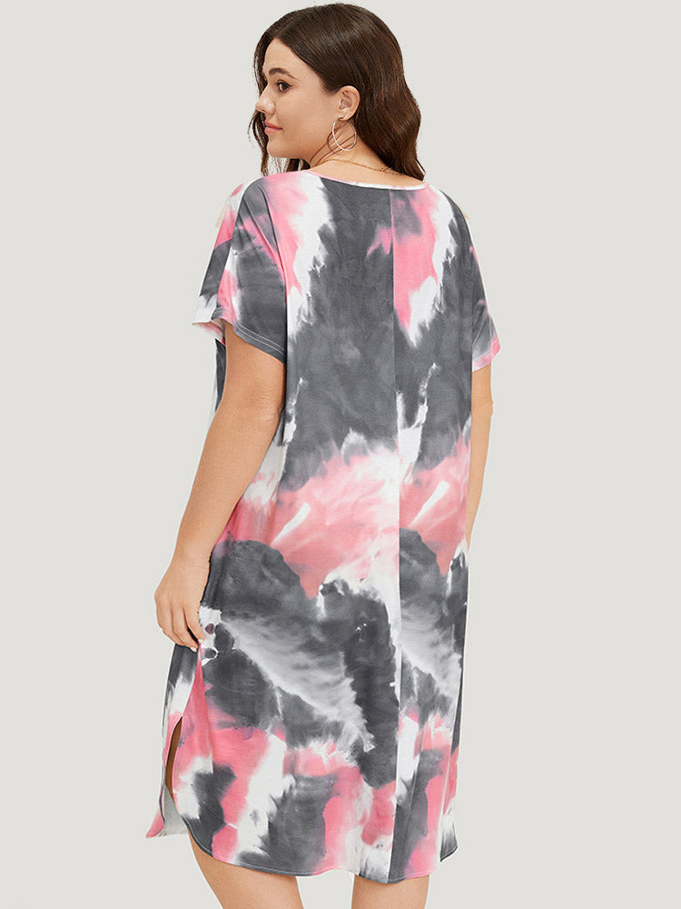 Tie Dye Pocket V Neck Dolman Sleeve Dress