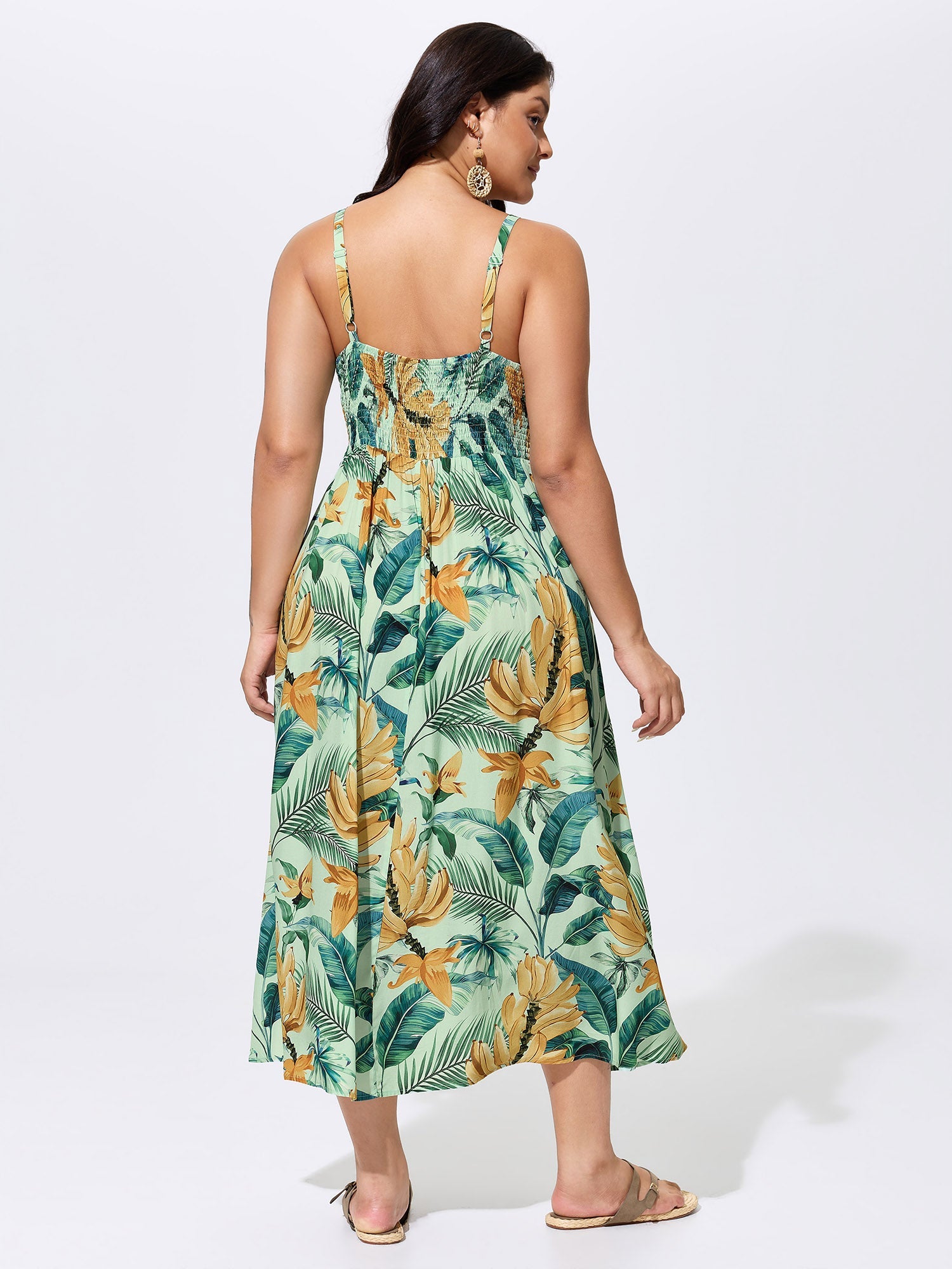 Tropical Print Shirred Knotted Front Maxi Dress