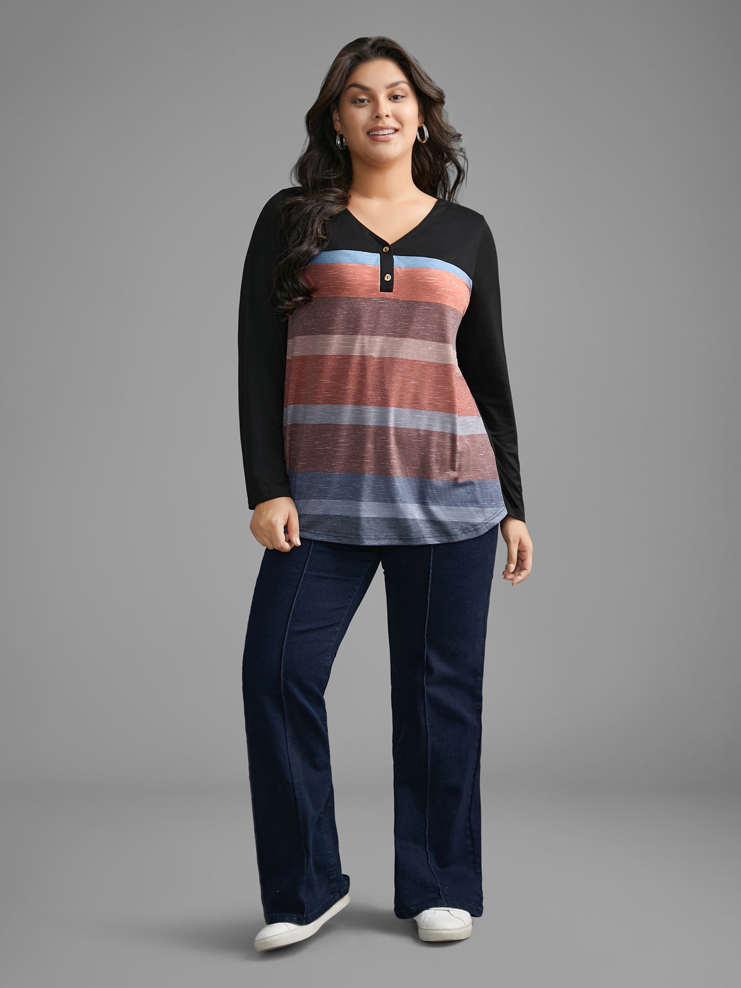 V Neck Colorblock Contrast Button Up T-shirt