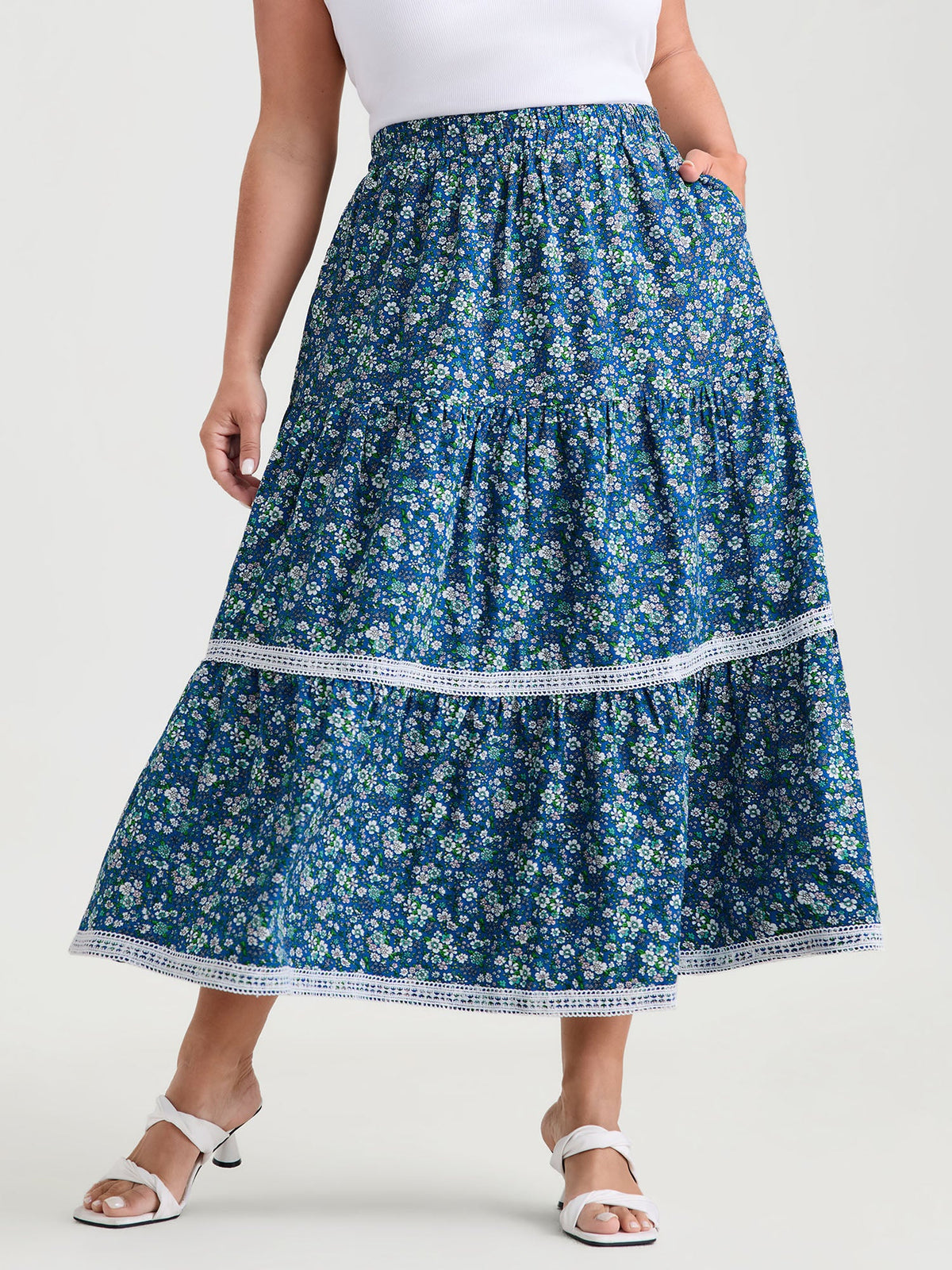 Floral Print Lace Trim Flowy Maxi Skirt