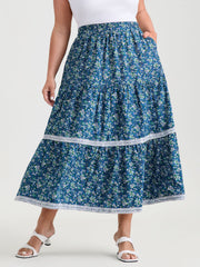 Floral Print Lace Trim Flowy Maxi Skirt
