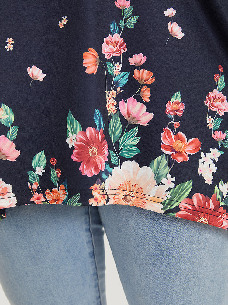 Floral Print Crew Neck Asymmetrical Hem T-shirt