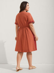Cotton Leafy Embroidery Color Contrast Midi Dress