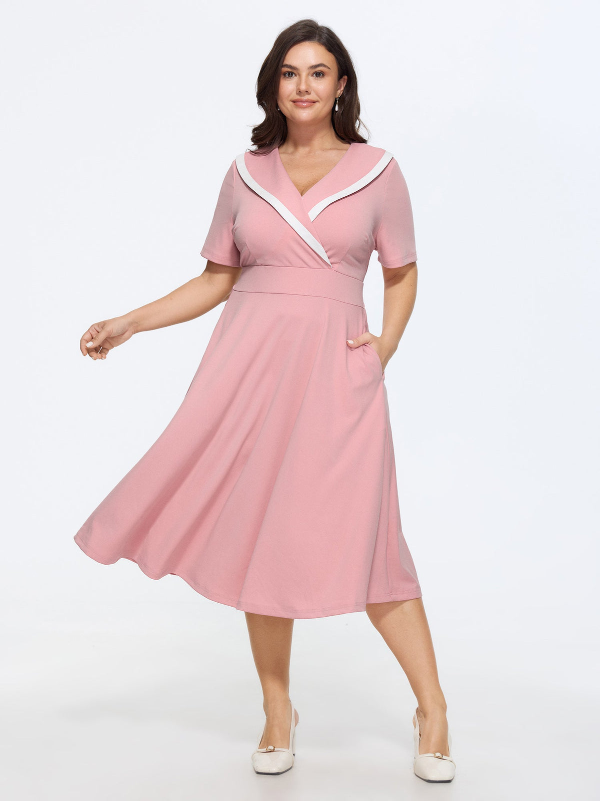 Color Contrast Sailor Collar Midi Dress