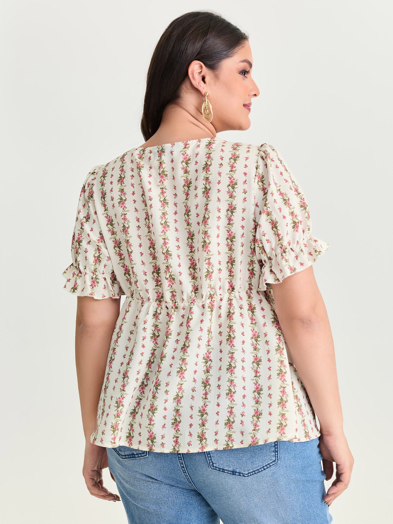 Floral Striped Adjustable Drawstring Blouse