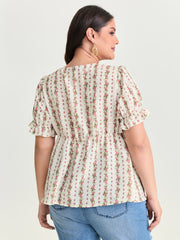 Floral Striped Adjustable Drawstring Blouse