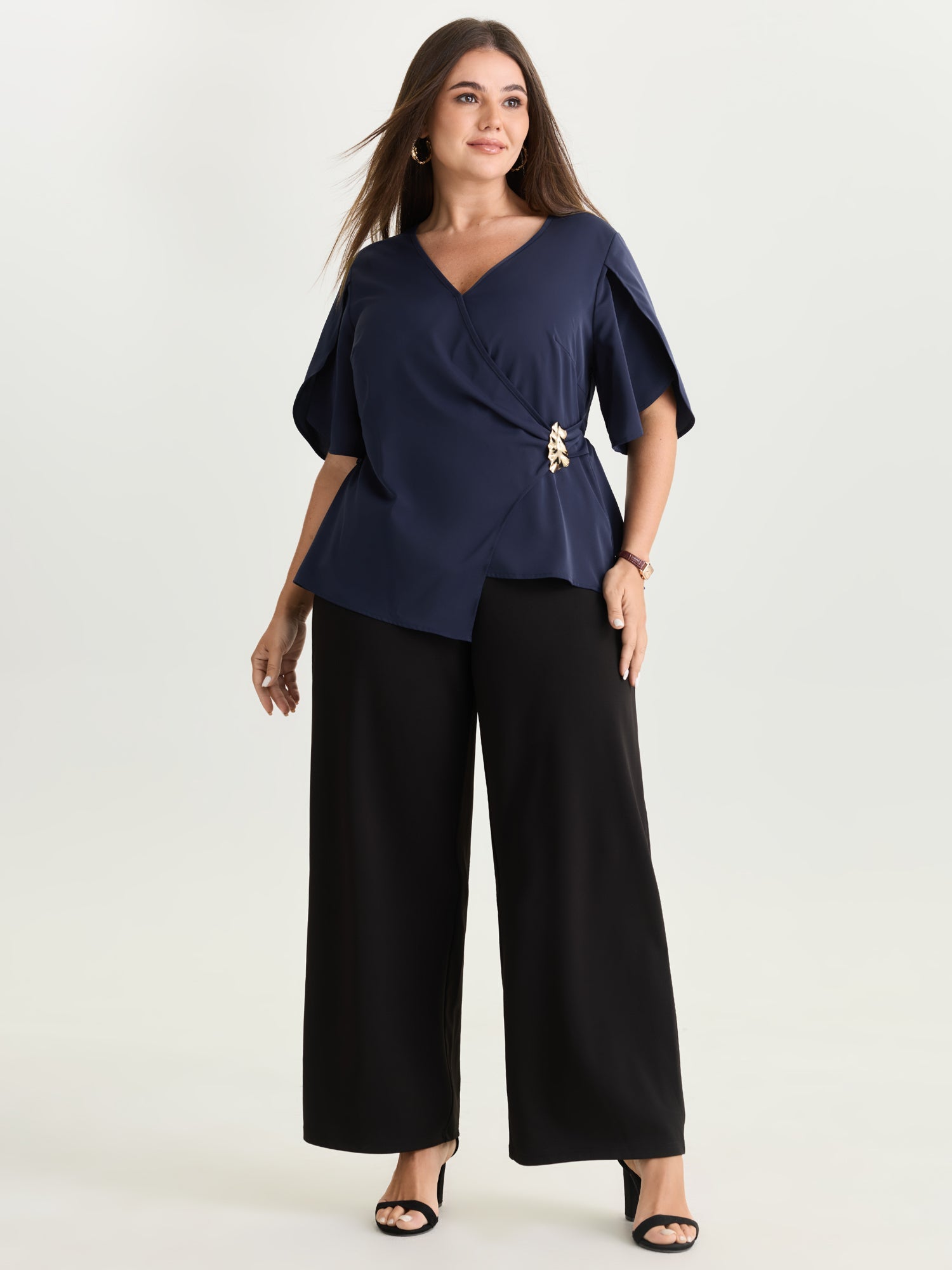Draped Side Buckle Petal Sleeve Blouse