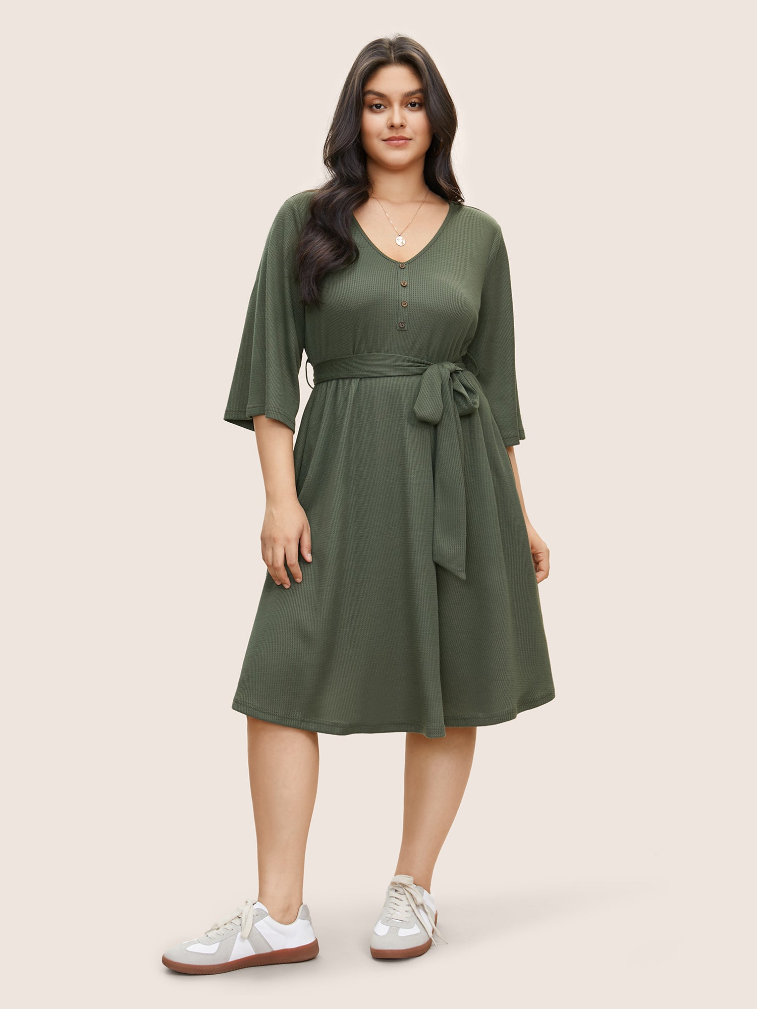 Solid Waffle Knit Button Detail Belted Dress