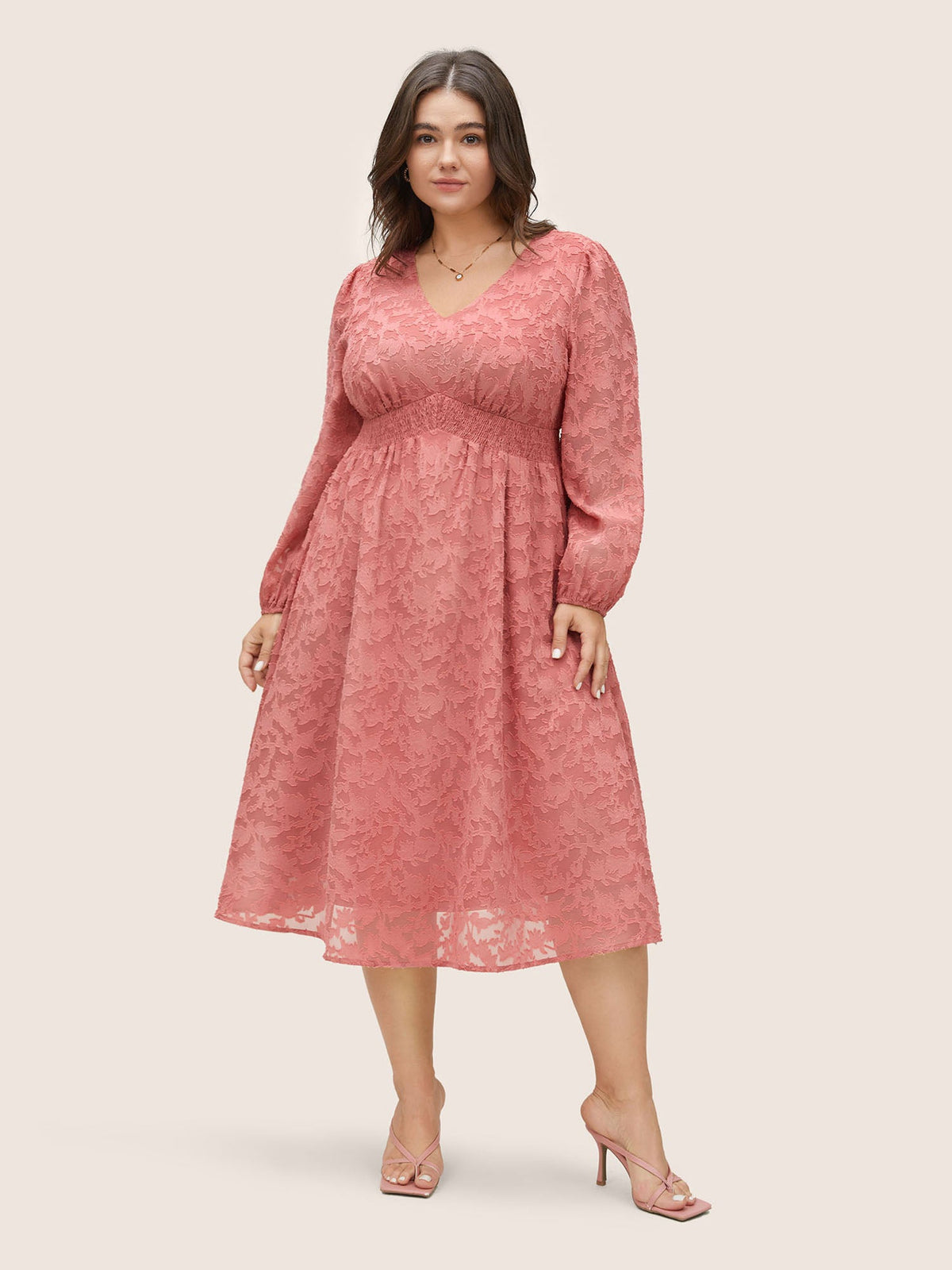 Jacquard Texture Shirred Elastic Waist Dress