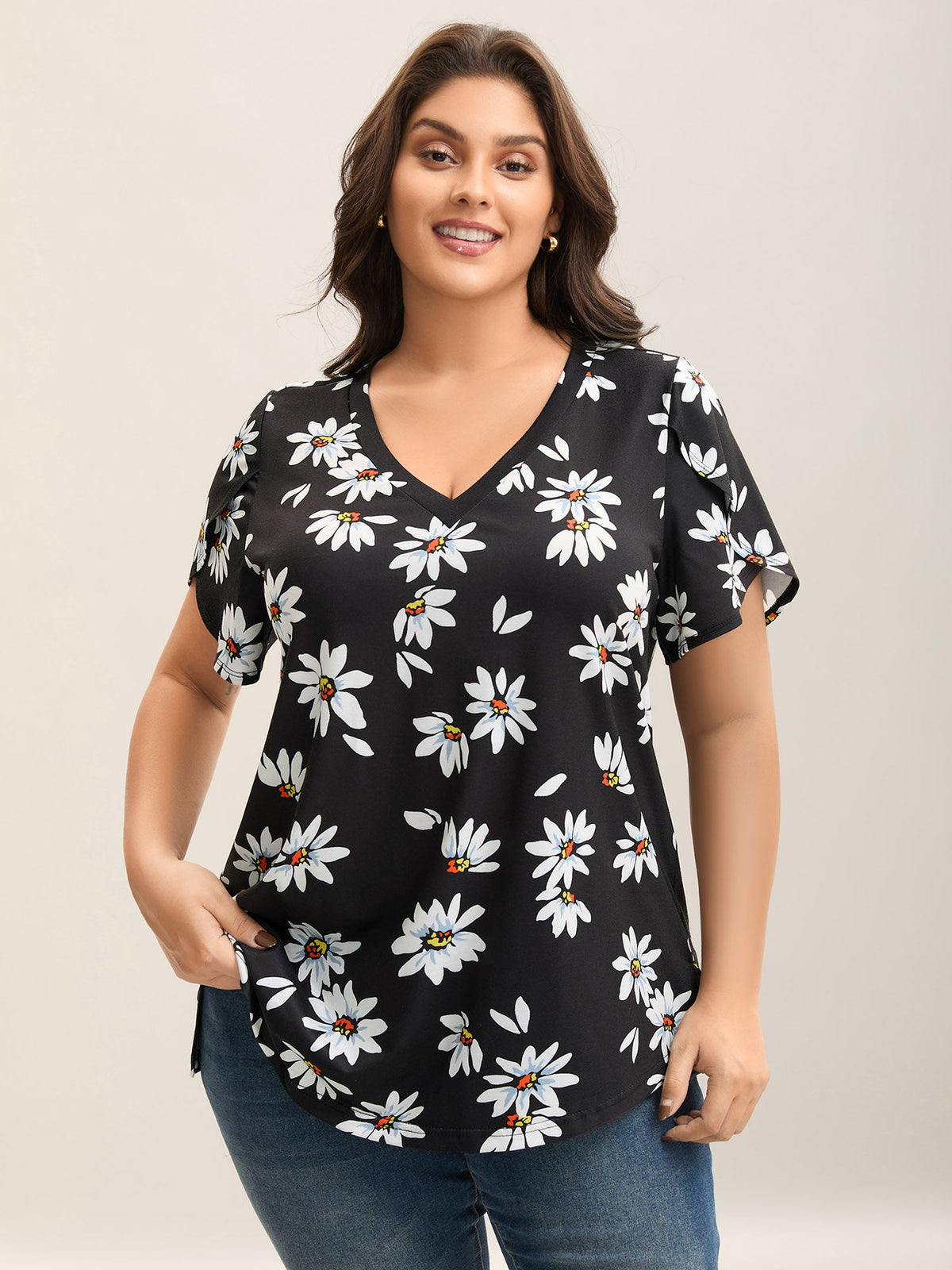 Floral Print Petal Sleeve Plain Knit Top