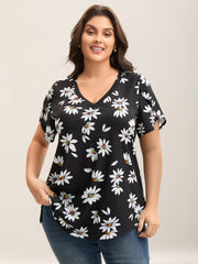 Floral Print Petal Sleeve Plain Knit Top